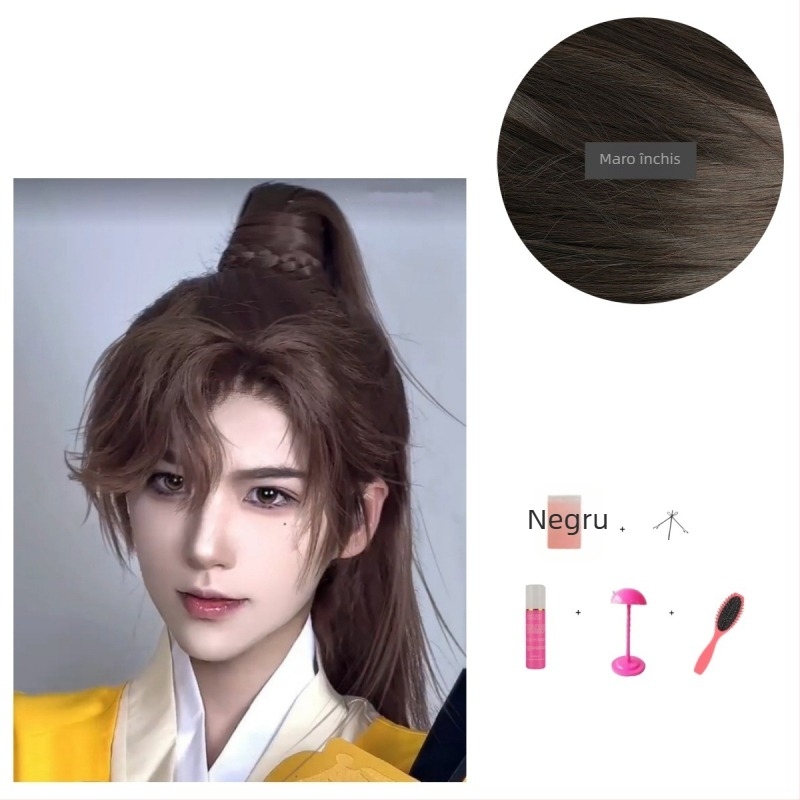 Perucă Hanfu pentru bărbați – stil antic, păr lung, coadă înaltă, acoperire completă a capului, fibre sintetice rezistente la căldură