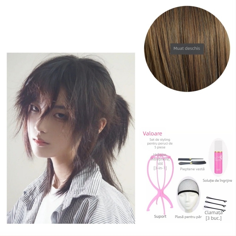 Perucă Hanfu pentru bărbați – stil antic, păr lung, coadă înaltă, acoperire completă a capului, fibre sintetice rezistente la căldură