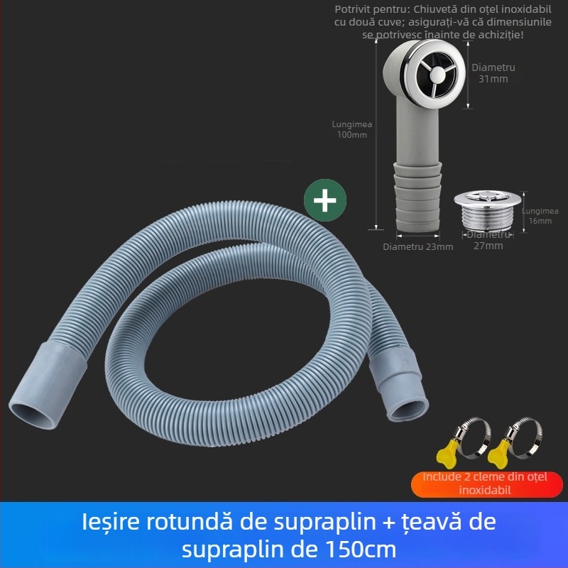 Conductă de preaplin pentru chiuveta de bucătărie, drenaj în 3 direcții, pentru chiuvete cu un bazin sau două, ABS+ EVA, certificat CE