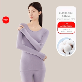 Set termic din bumbac pentru femei: țesătură subțire (121–140 g/m²), 95–100% bumbac, tricou cu mânecă lungă cu guler rotund și pantaloni asortați, strat de bază pentru purtare exterior