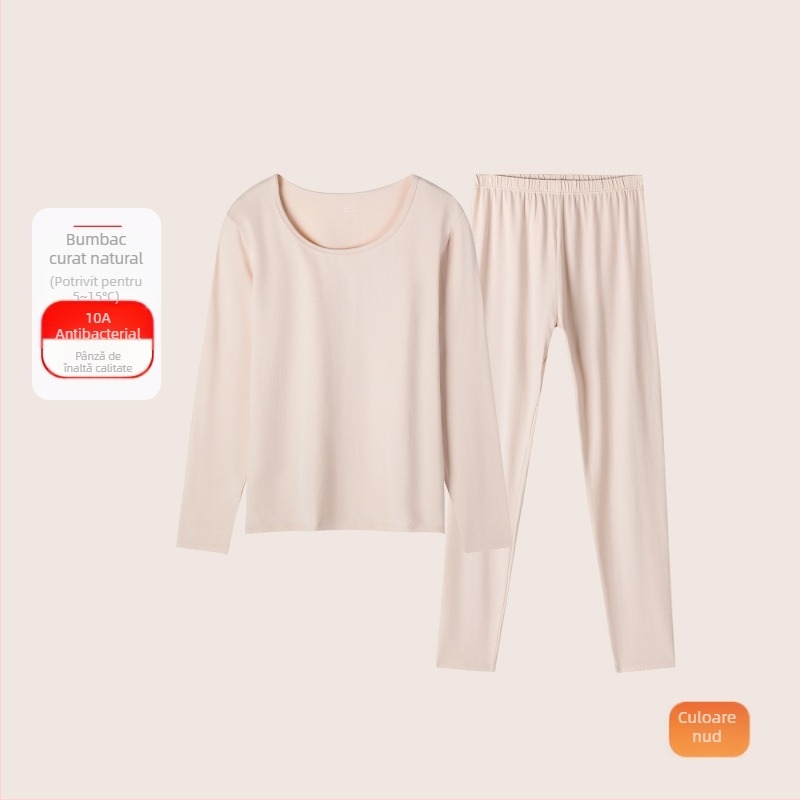 Set termic din bumbac pentru femei: țesătură subțire (121–140 g/m²), 95–100% bumbac, tricou cu mânecă lungă cu guler rotund și pantaloni asortați, strat de bază pentru purtare exterior