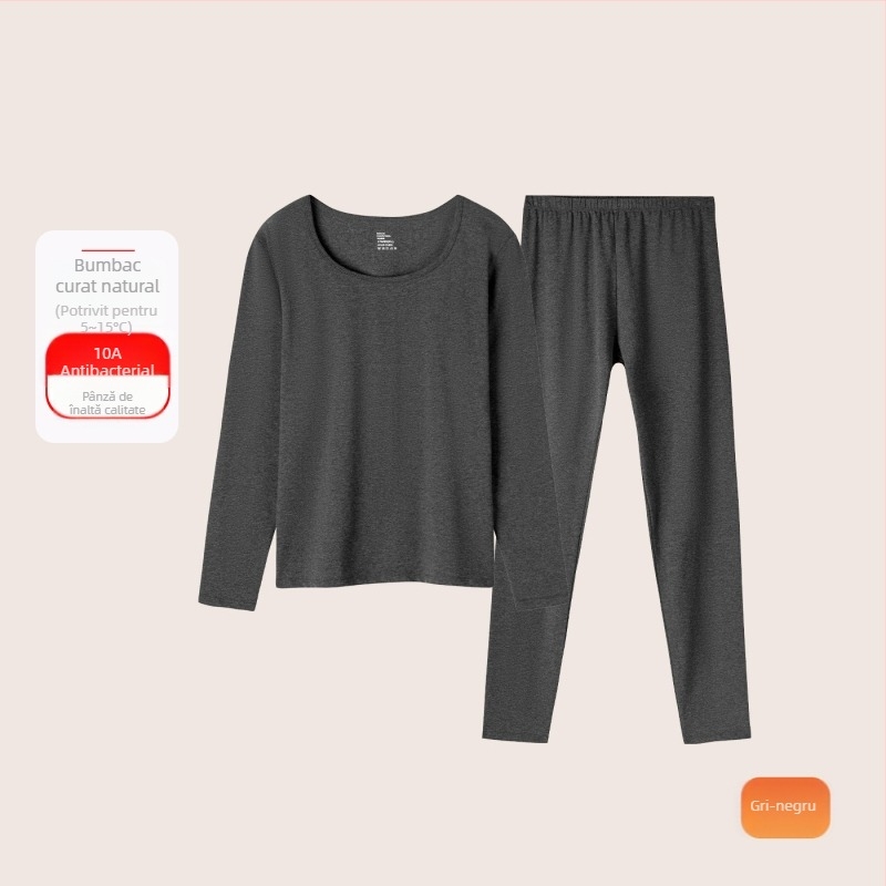 Set termic din bumbac pentru femei: țesătură subțire (121–140 g/m²), 95–100% bumbac, tricou cu mânecă lungă cu guler rotund și pantaloni asortați, strat de bază pentru purtare exterior
