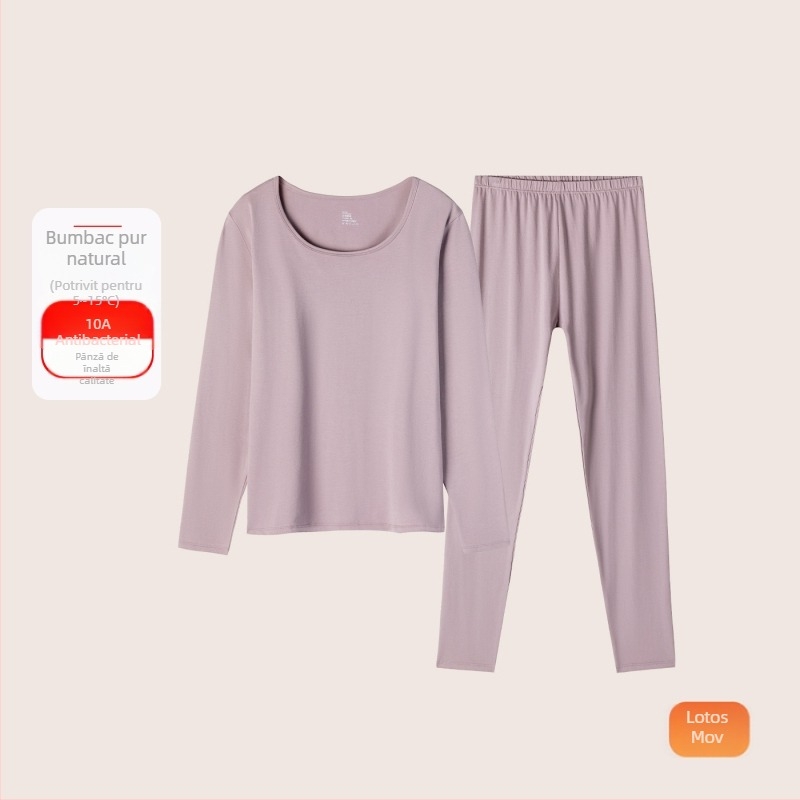 Set termic din bumbac pentru femei: țesătură subțire (121–140 g/m²), 95–100% bumbac, tricou cu mânecă lungă cu guler rotund și pantaloni asortați, strat de bază pentru purtare exterior