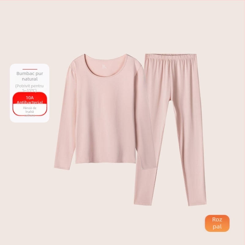 Set termic din bumbac pentru femei: țesătură subțire (121–140 g/m²), 95–100% bumbac, tricou cu mânecă lungă cu guler rotund și pantaloni asortați, strat de bază pentru purtare exterior