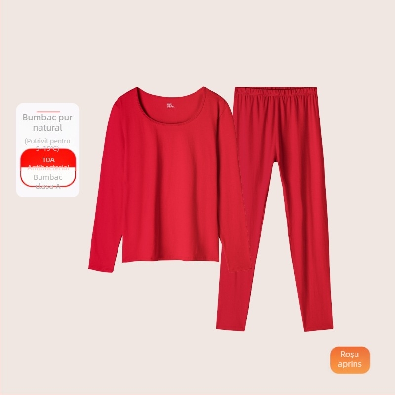 Set termic din bumbac pentru femei: țesătură subțire (121–140 g/m²), 95–100% bumbac, tricou cu mânecă lungă cu guler rotund și pantaloni asortați, strat de bază pentru purtare exterior