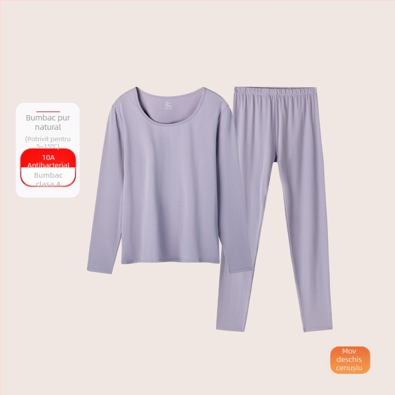 Set termic din bumbac pentru femei: țesătură subțire (121–140 g/m²), 95–100% bumbac, tricou cu mânecă lungă cu guler rotund și pantaloni asortați, strat de bază pentru purtare exterior