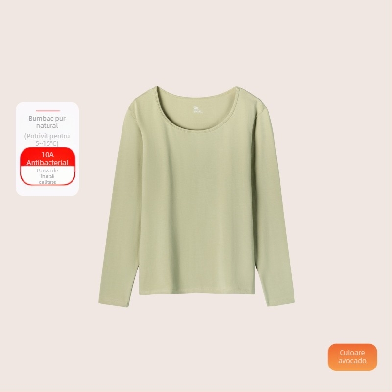 Set termic din bumbac pentru femei: țesătură subțire (121–140 g/m²), 95–100% bumbac, tricou cu mânecă lungă cu guler rotund și pantaloni asortați, strat de bază pentru purtare exterior