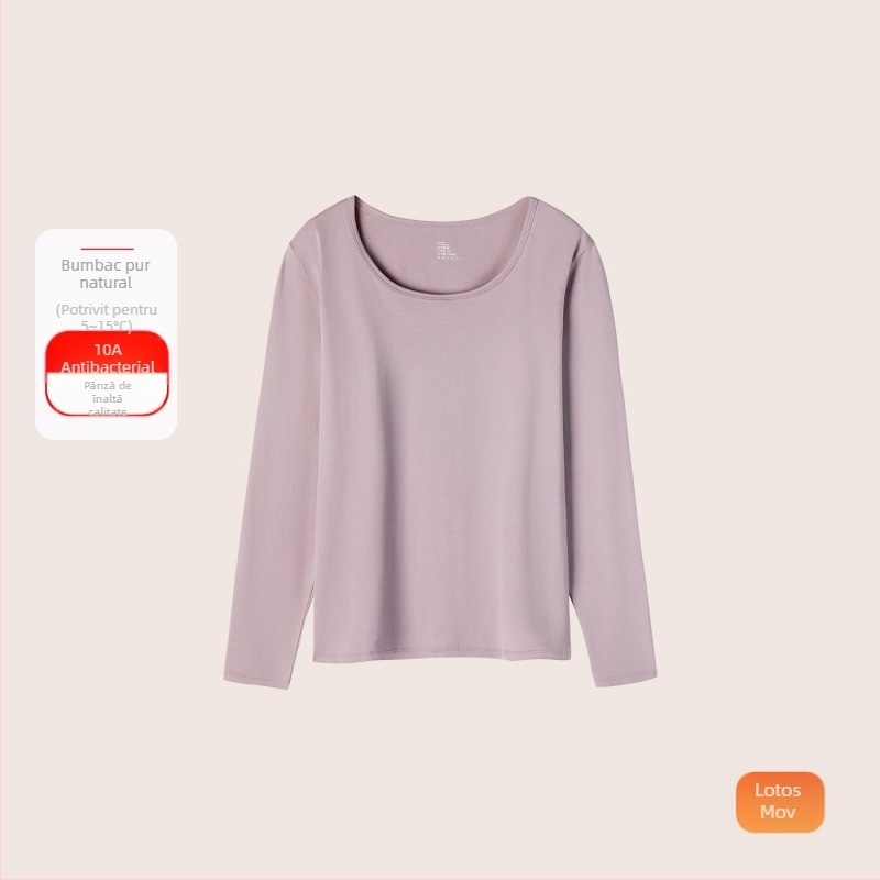 Set termic din bumbac pentru femei: țesătură subțire (121–140 g/m²), 95–100% bumbac, tricou cu mânecă lungă cu guler rotund și pantaloni asortați, strat de bază pentru purtare exterior