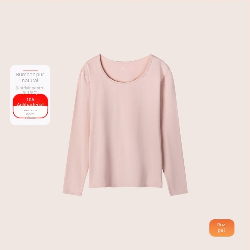 Set termic din bumbac pentru femei: țesătură subțire (121–140 g/m²), 95–100% bumbac, tricou cu mânecă lungă cu guler rotund și pantaloni asortați, strat de bază pentru purtare exterior