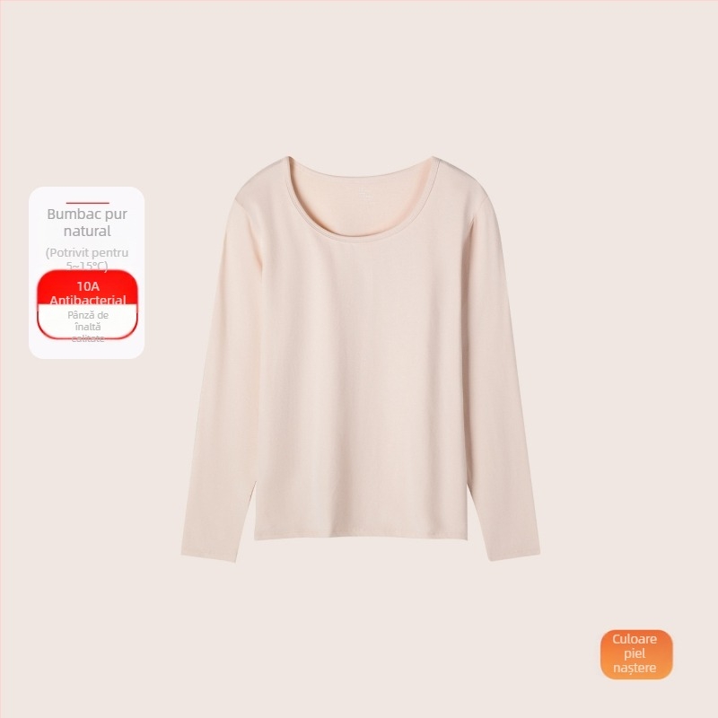 Set termic din bumbac pentru femei: țesătură subțire (121–140 g/m²), 95–100% bumbac, tricou cu mânecă lungă cu guler rotund și pantaloni asortați, strat de bază pentru purtare exterior