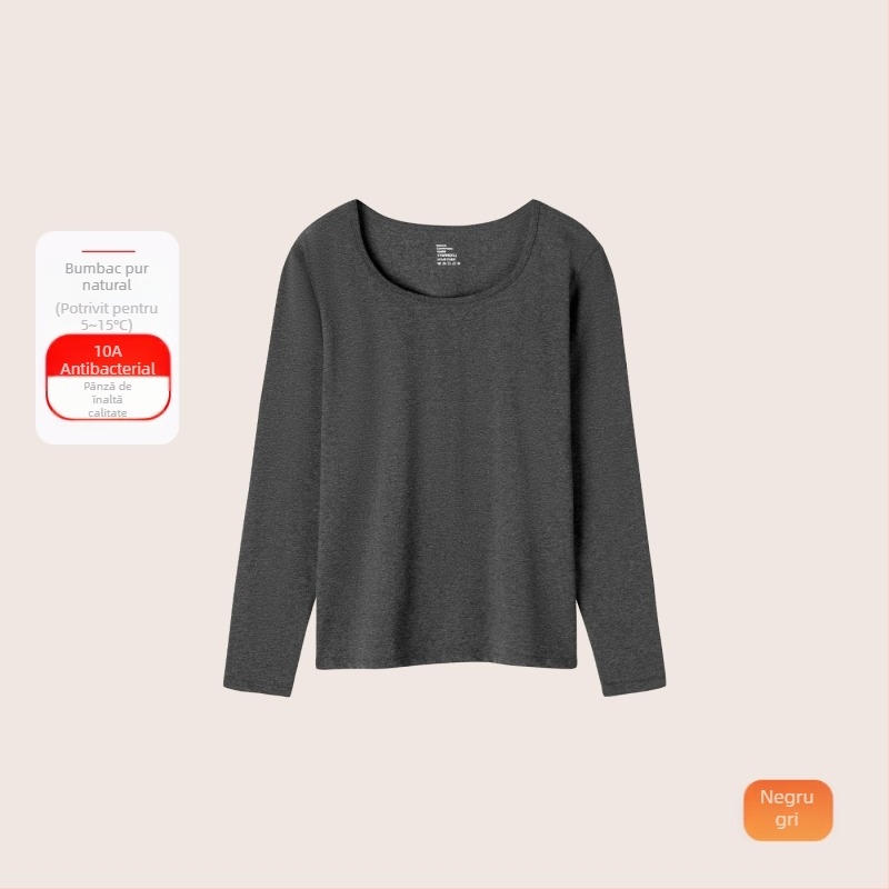Set termic din bumbac pentru femei: țesătură subțire (121–140 g/m²), 95–100% bumbac, tricou cu mânecă lungă cu guler rotund și pantaloni asortați, strat de bază pentru purtare exterior