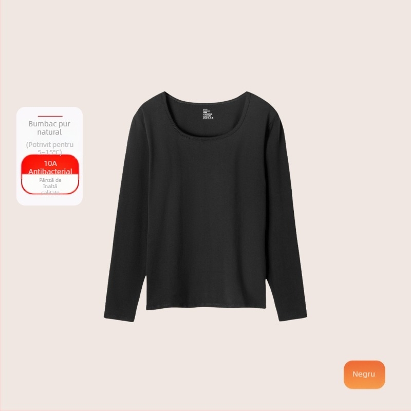 Set termic din bumbac pentru femei: țesătură subțire (121–140 g/m²), 95–100% bumbac, tricou cu mânecă lungă cu guler rotund și pantaloni asortați, strat de bază pentru purtare exterior