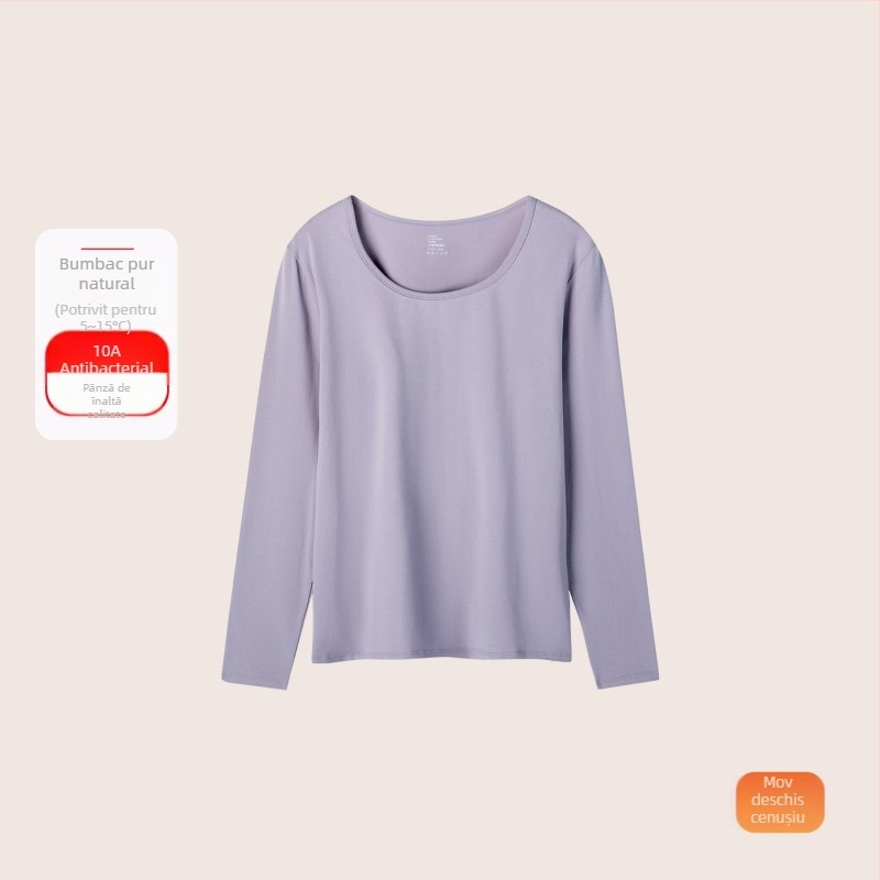 Set termic din bumbac pentru femei: țesătură subțire (121–140 g/m²), 95–100% bumbac, tricou cu mânecă lungă cu guler rotund și pantaloni asortați, strat de bază pentru purtare exterior