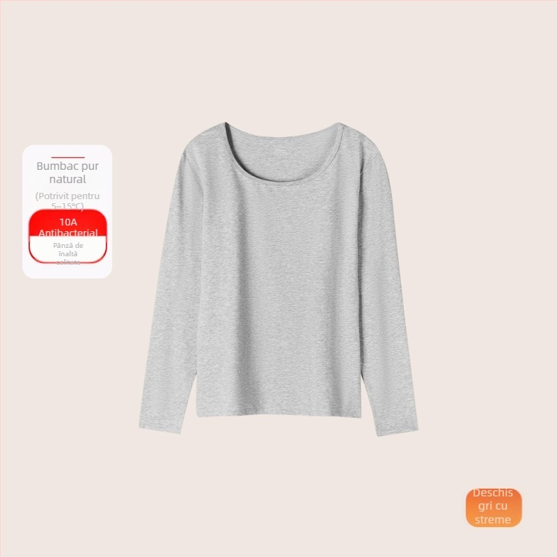 Set termic din bumbac pentru femei: țesătură subțire (121–140 g/m²), 95–100% bumbac, tricou cu mânecă lungă cu guler rotund și pantaloni asortați, strat de bază pentru purtare exterior
