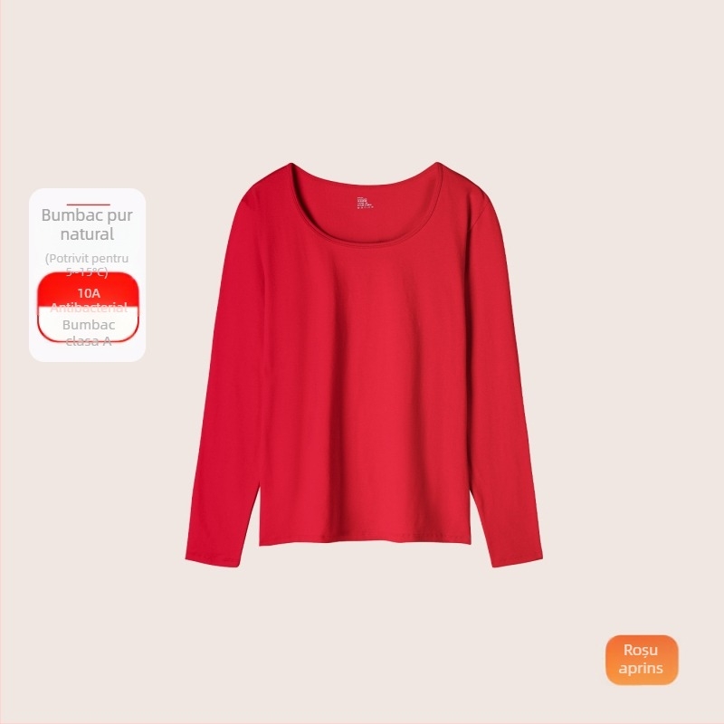 Set termic din bumbac pentru femei: țesătură subțire (121–140 g/m²), 95–100% bumbac, tricou cu mânecă lungă cu guler rotund și pantaloni asortați, strat de bază pentru purtare exterior