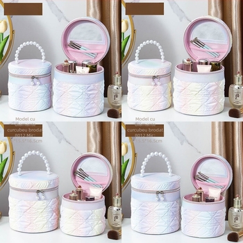 Geantă de machiaj cu oglindă, material PVC, închidere cu fermoar, model carouri, portabil cu roți universale