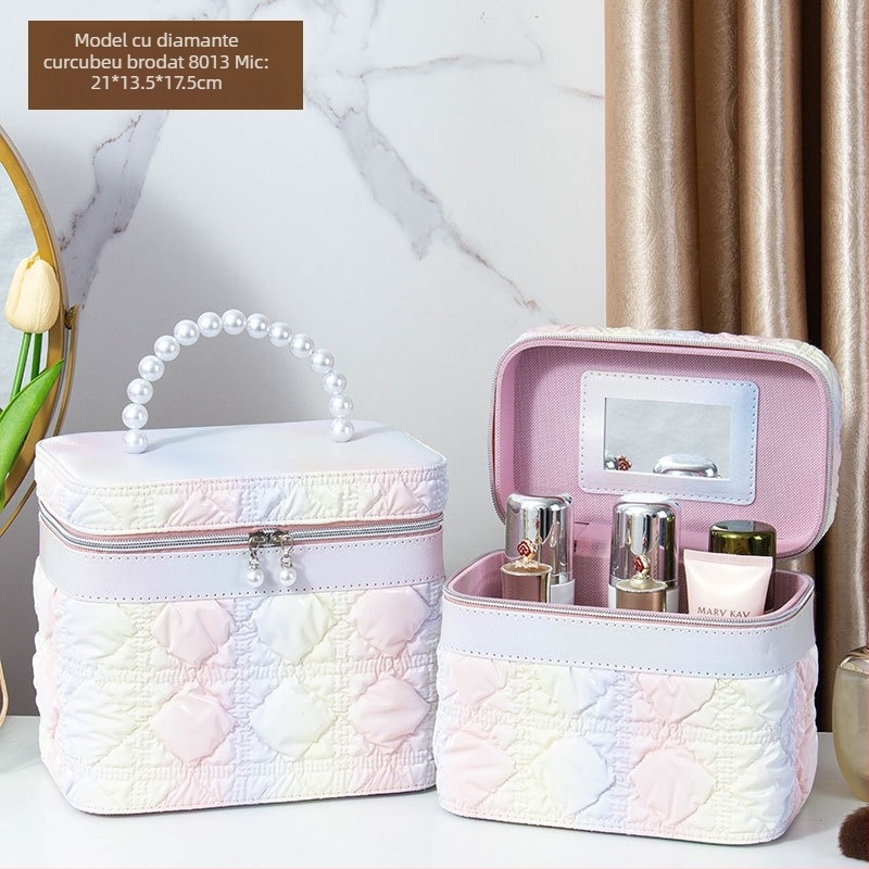 Geantă de machiaj cu oglindă, material PVC, închidere cu fermoar, model carouri, portabil cu roți universale