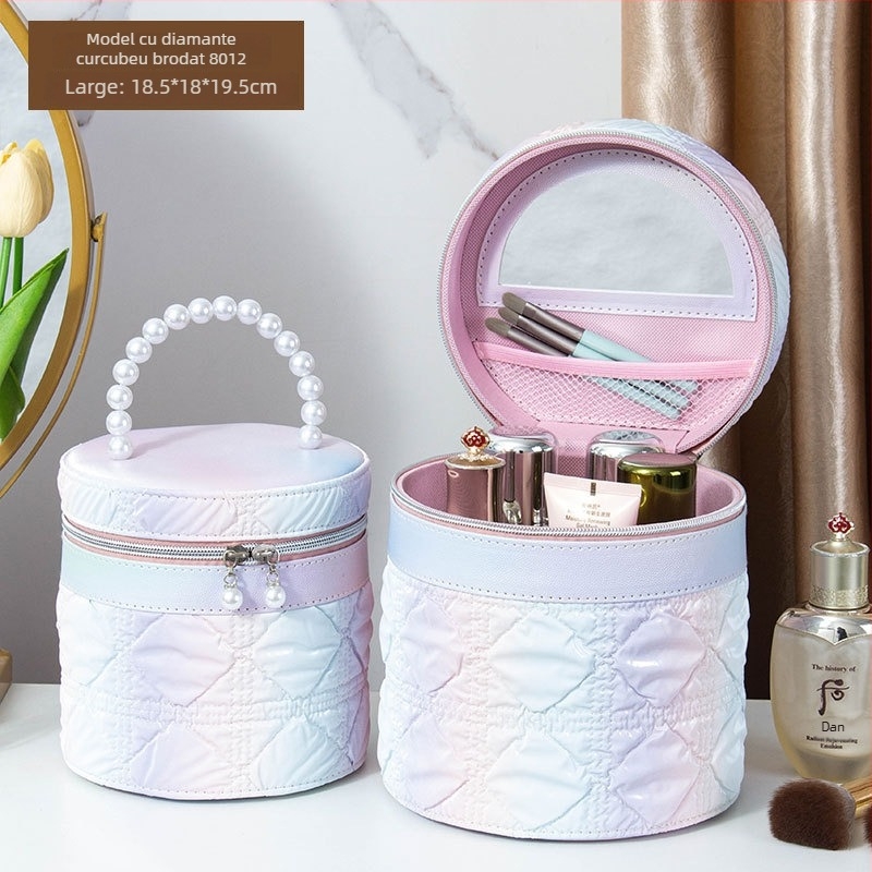 Geantă de machiaj cu oglindă, material PVC, închidere cu fermoar, model carouri, portabil cu roți universale