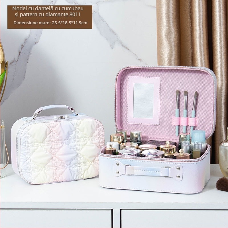 Geantă de machiaj cu oglindă, material PVC, închidere cu fermoar, model carouri, portabil cu roți universale