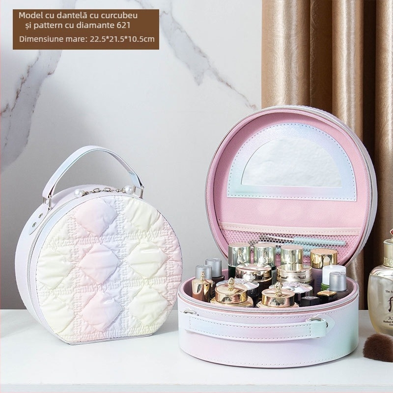 Geantă de machiaj cu oglindă, material PVC, închidere cu fermoar, model carouri, portabil cu roți universale