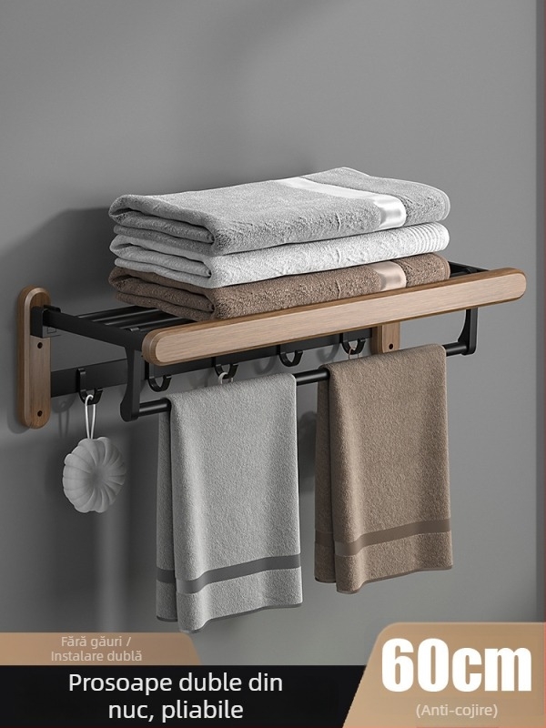 Raft pentru prosoape din lemn, montaj pe perete, fără găuri, set de șase piese