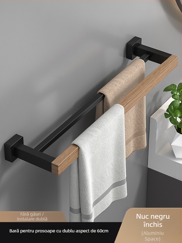 Raft pentru prosoape din lemn, montaj pe perete, fără găuri, set de șase piese