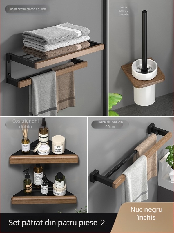 Raft pentru prosoape din lemn, montaj pe perete, fără găuri, set de șase piese