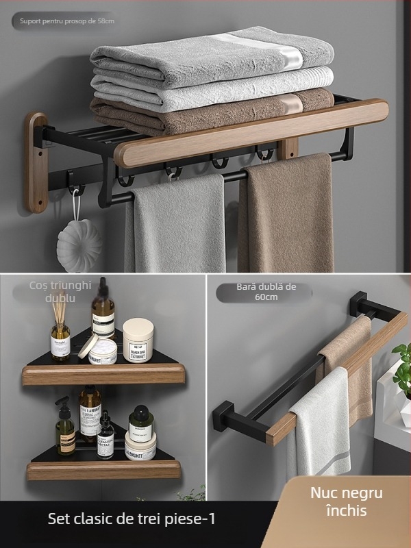 Raft pentru prosoape din lemn, montaj pe perete, fără găuri, set de șase piese