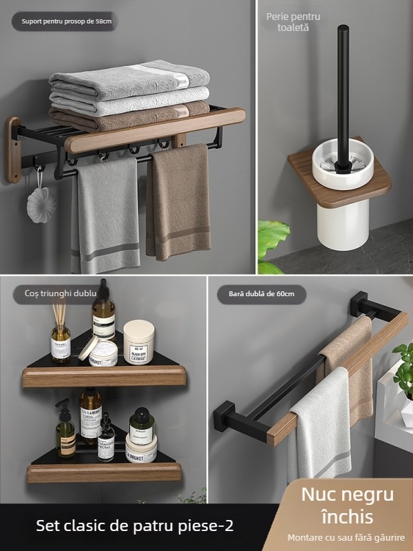 Raft pentru prosoape din lemn, montaj pe perete, fără găuri, set de șase piese