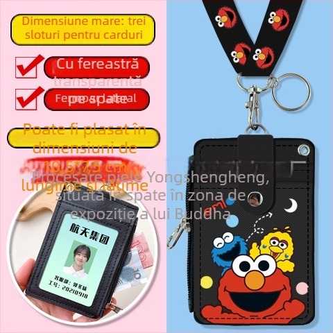 Holder de card pentru gât, multifuncțional, cu fermoar pentru monede — imprimeu anime, piele PU, potrivit pentru toate genurile, stil urban minimalist, primăvara 2024