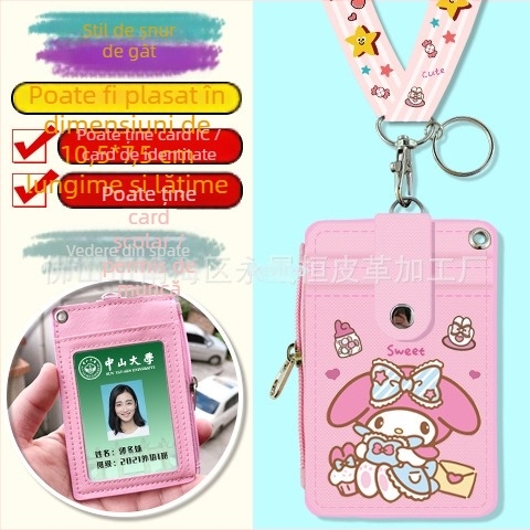 Holder de card pentru gât, multifuncțional, cu fermoar pentru monede — imprimeu anime, piele PU, potrivit pentru toate genurile, stil urban minimalist, primăvara 2024