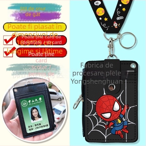 Holder de card pentru gât, multifuncțional, cu fermoar pentru monede — imprimeu anime, piele PU, potrivit pentru toate genurile, stil urban minimalist, primăvara 2024