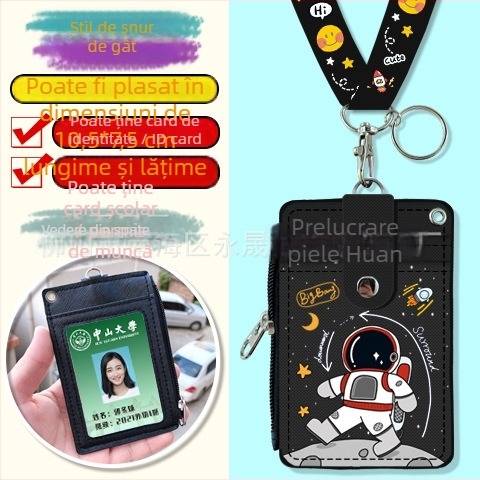 Holder de card pentru gât, multifuncțional, cu fermoar pentru monede — imprimeu anime, piele PU, potrivit pentru toate genurile, stil urban minimalist, primăvara 2024