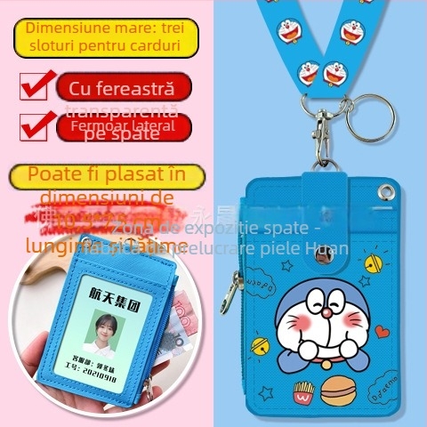 Holder de card pentru gât, multifuncțional, cu fermoar pentru monede — imprimeu anime, piele PU, potrivit pentru toate genurile, stil urban minimalist, primăvara 2024