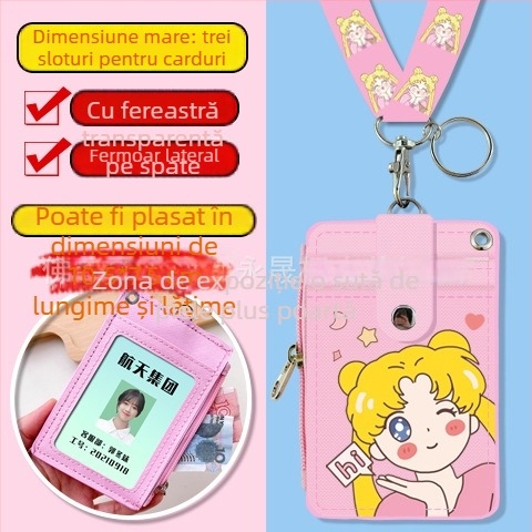 Holder de card pentru gât, multifuncțional, cu fermoar pentru monede — imprimeu anime, piele PU, potrivit pentru toate genurile, stil urban minimalist, primăvara 2024