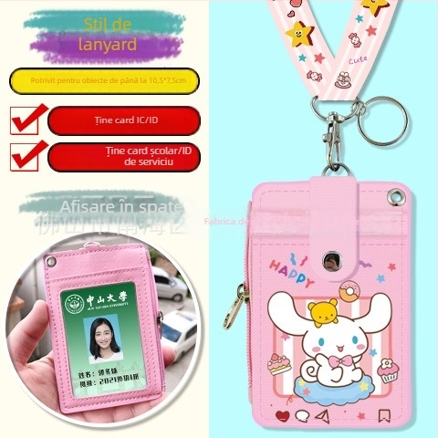 Holder de card pentru gât, multifuncțional, cu fermoar pentru monede — imprimeu anime, piele PU, potrivit pentru toate genurile, stil urban minimalist, primăvara 2024