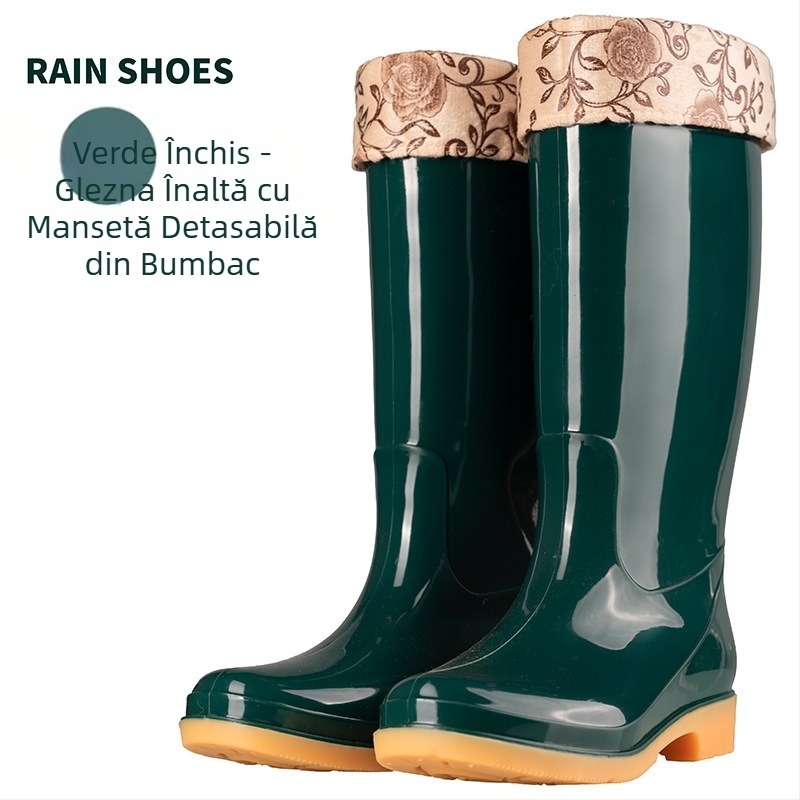 Cizme de ploaie din PVC pentru femei, cu gambă medie, impermeabile și antiderapante, căptușite cu bumbac.