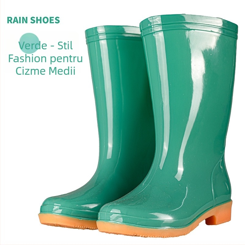 Cizme de ploaie din PVC pentru femei, cu gambă medie, impermeabile și antiderapante, căptușite cu bumbac.