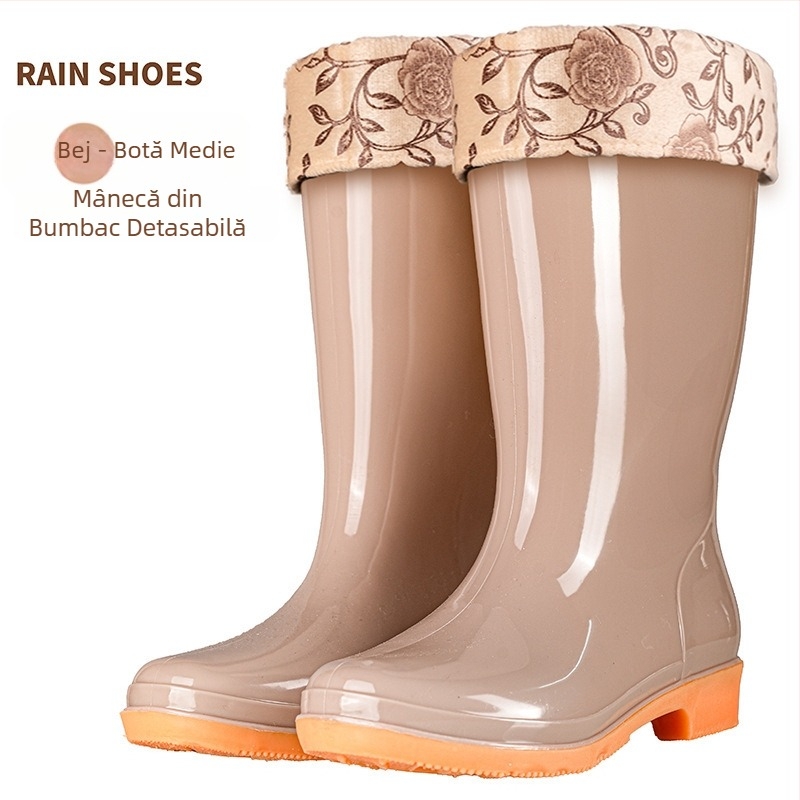 Cizme de ploaie din PVC pentru femei, cu gambă medie, impermeabile și antiderapante, căptușite cu bumbac.