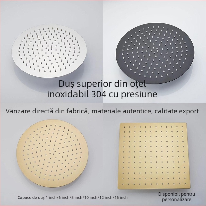 Cap de duș superior, oțel inoxidabil 304, Top Spray, funcție ploaie, filet universal pătrat