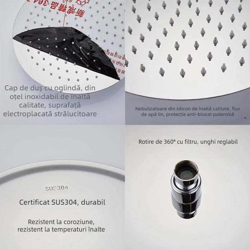 Cap de duș superior, oțel inoxidabil 304, Top Spray, funcție ploaie, filet universal pătrat