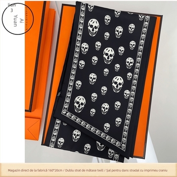 Fular decorativ de Halloween cu imprimeu craniu, din mătase twill, țesătură twill, stil punk nișă — brand Jane Eyre Silk Edge