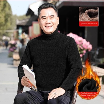Pulover bărbați din chenille cu guler înalt, căptușit cu fleece, gros, mâneci lungi, țesătură 85% poliester.