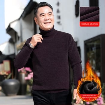Pulover bărbați din chenille cu guler înalt, căptușit cu fleece, gros, mâneci lungi, țesătură 85% poliester.