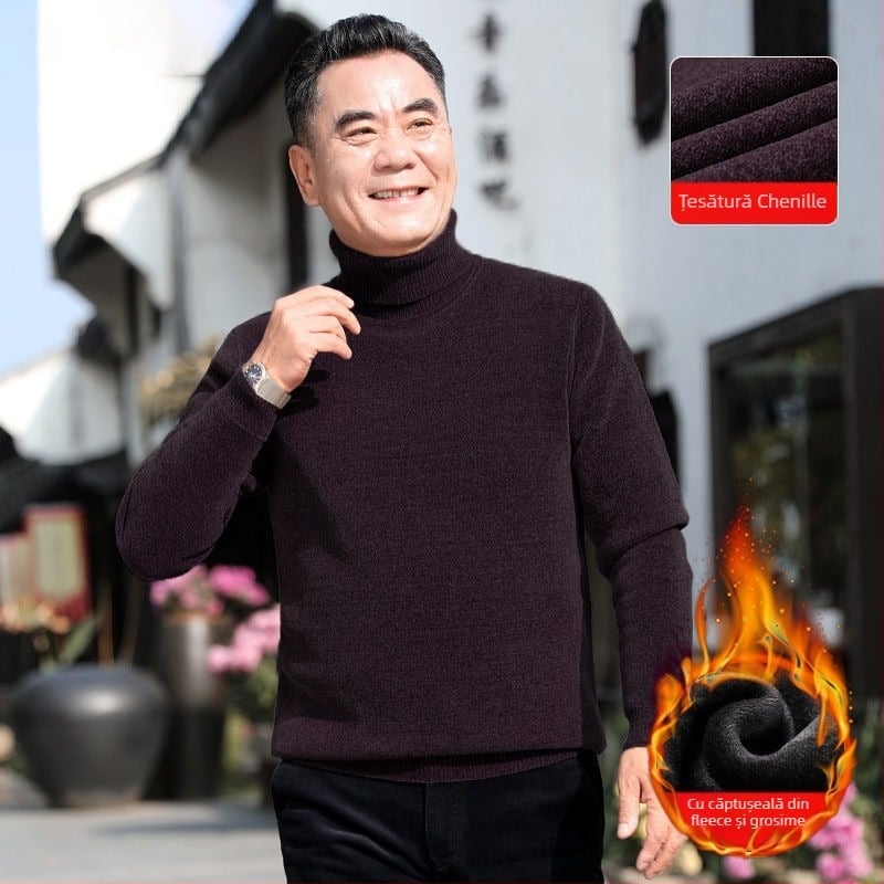 Pulover bărbați din chenille cu guler înalt, căptușit cu fleece, gros, mâneci lungi, țesătură 85% poliester.