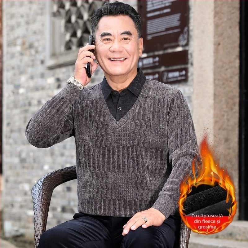 Pulover bărbați din chenille cu guler înalt, căptușit cu fleece, gros, mâneci lungi, țesătură 85% poliester.