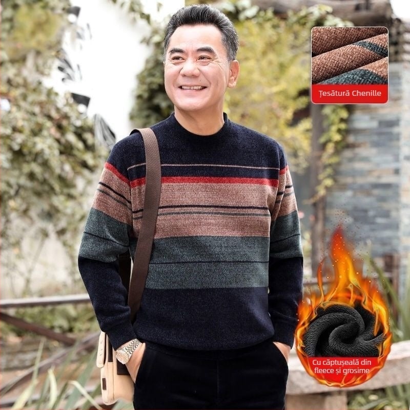 Pulover bărbați din chenille cu guler înalt, căptușit cu fleece, gros, mâneci lungi, țesătură 85% poliester.