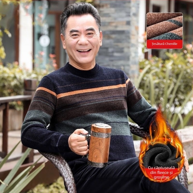 Pulover bărbați din chenille cu guler înalt, căptușit cu fleece, gros, mâneci lungi, țesătură 85% poliester.