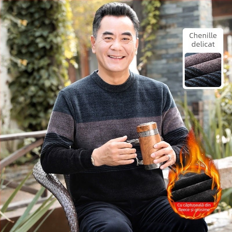 Pulover bărbați din chenille cu guler înalt, căptușit cu fleece, gros, mâneci lungi, țesătură 85% poliester.