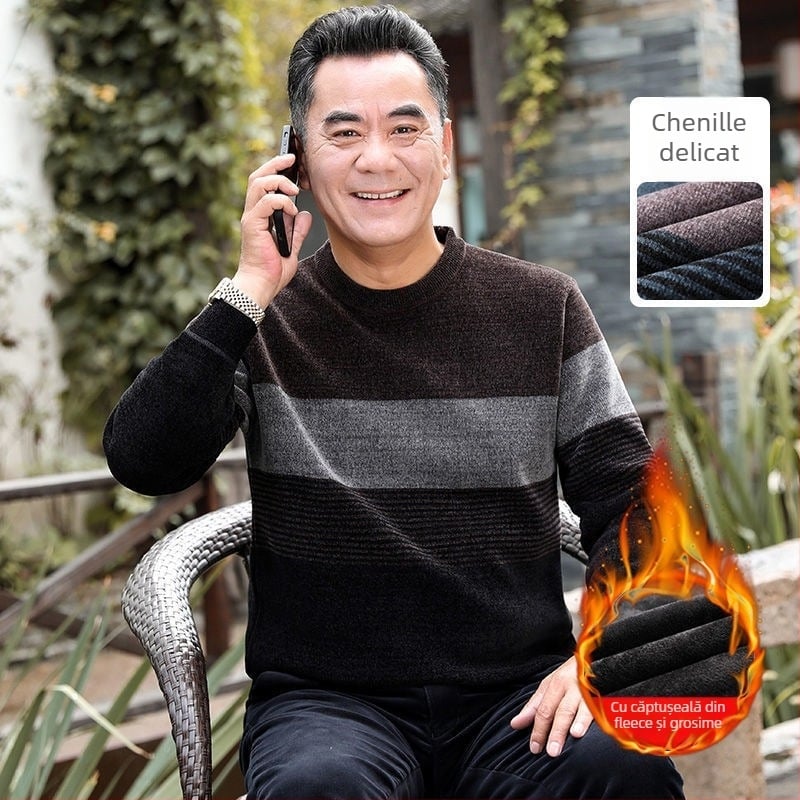 Pulover bărbați din chenille cu guler înalt, căptușit cu fleece, gros, mâneci lungi, țesătură 85% poliester.
